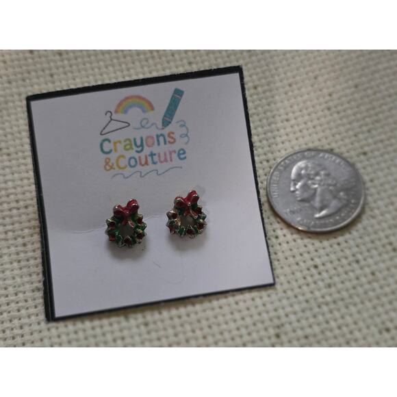 VTG Avon Christmas Wreath Green Red Gold Minimalist Studs Pierced Holiday Retro - Picture 2 of 3